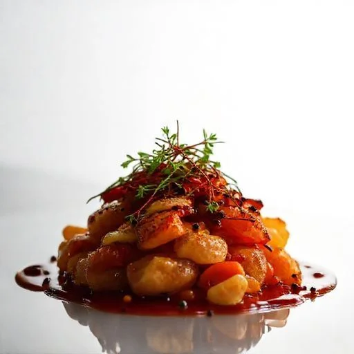 A minimalist, hyper-realistic rendering of a sleek, abstract award trophy, gleaming under a focused spotlight. This variant represents the 'Sustainable Gastronomy Award'.